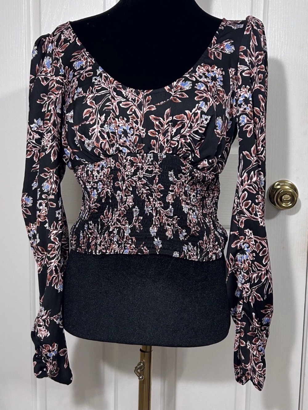 Free People Santiago Floral Smocked Long Sleeve Crop Top M